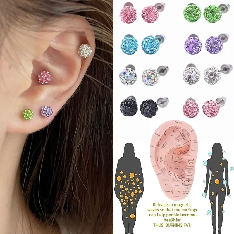 Crystal Lymphatic Drainage Spherical Stainless Steel Ear Bone Studs for Women Acupuncture Points Weight Loss Slimming Jewelry