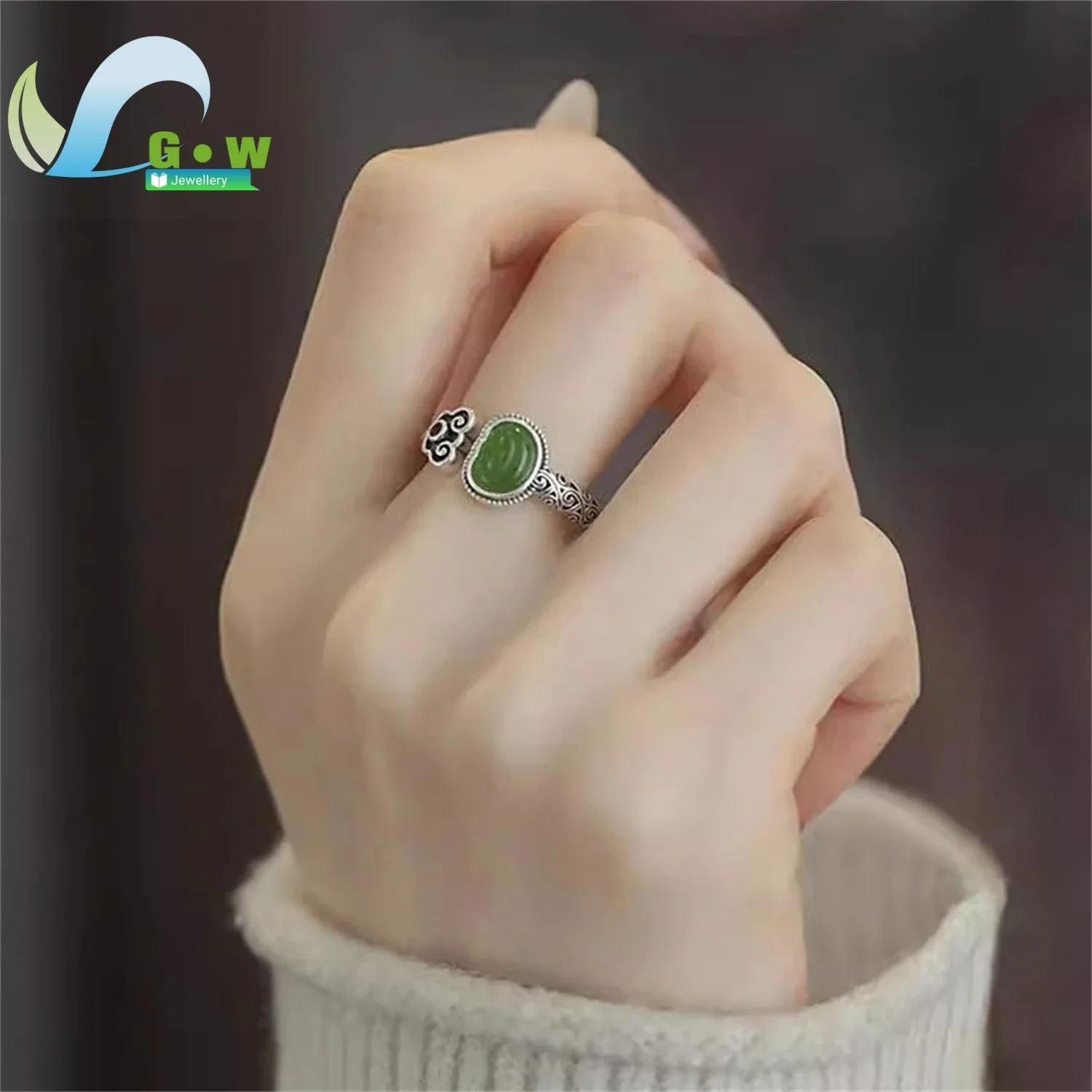 Unique Handmade S925 Silver Open Ring Antique Style Hetian Nephrite Jade Ingot Ruyi Pattern Cubic Zirconia Accent Delicate Daily