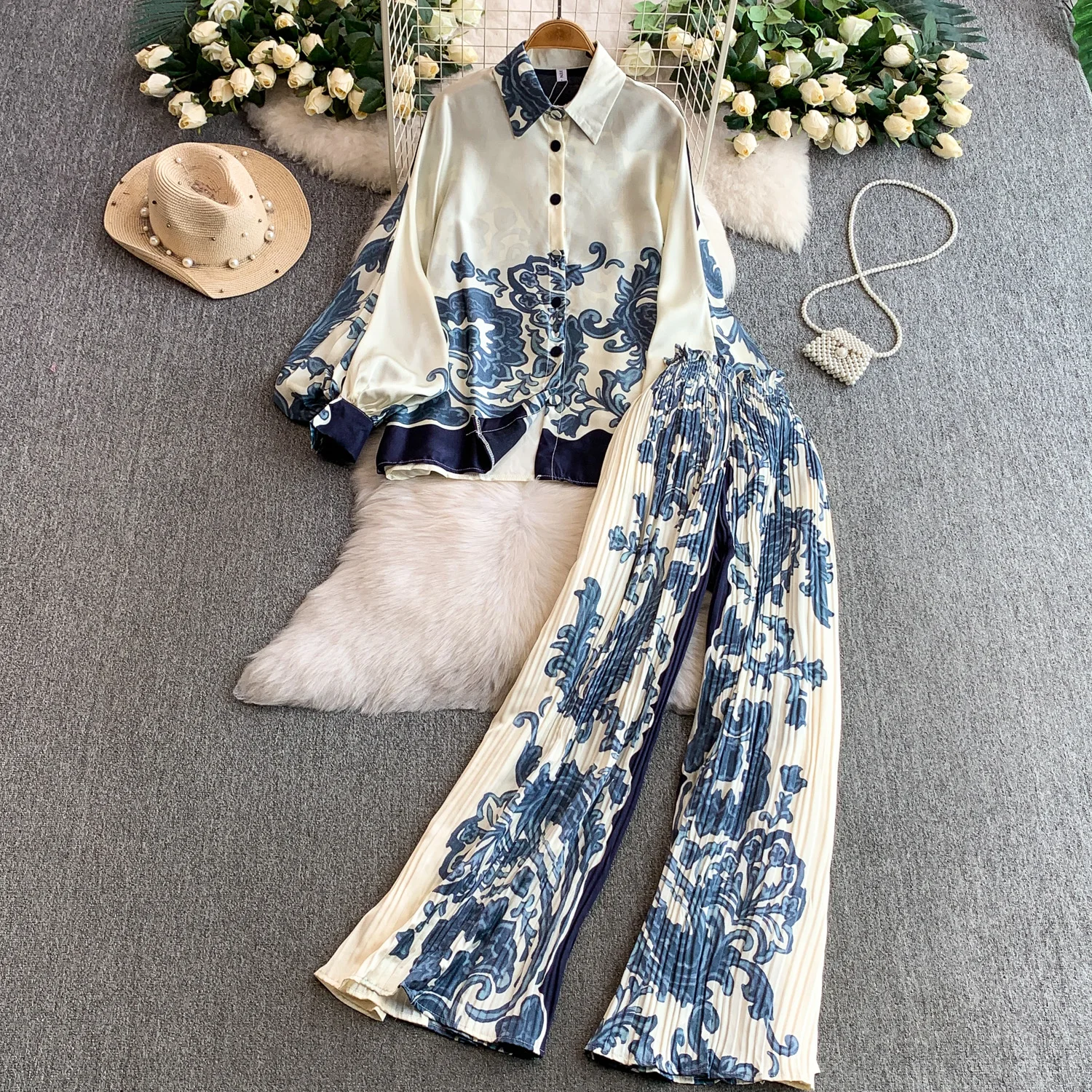 

Модные комплекты Jarlrysberg, женская свободная рубашка с рукавами-фонариками в европейском и американском стиле, плиссированные широкие брюки, комплект из двух предметов