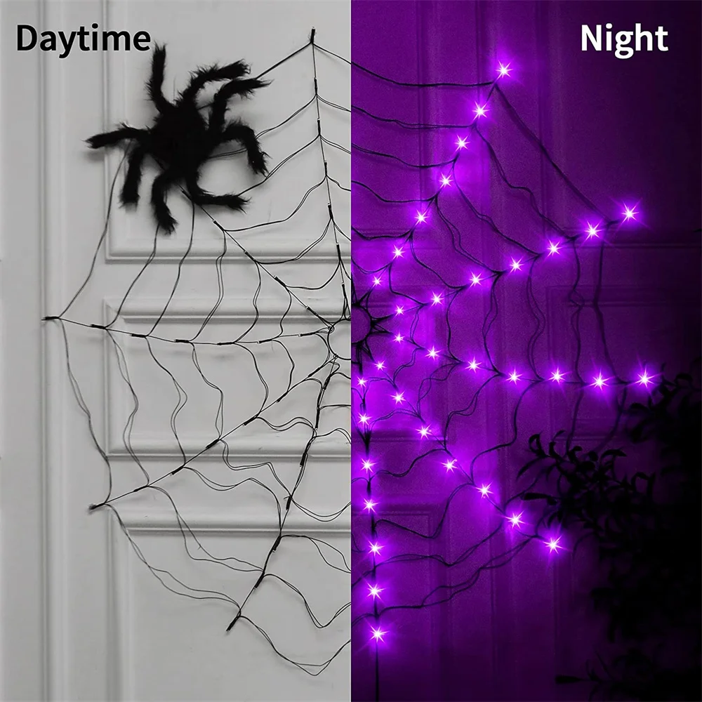 Solar Spider Web Lights Halloween Decoration Light Waterproof Purple Spider Net Lights 8 Modes Halloween Window Party Yard Decor