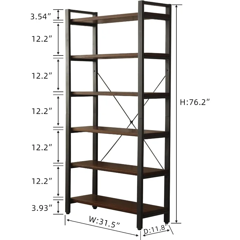 Natural Real Wood Bookcase,Industrial Bookshelf,6 Tier Solid Wood Open Book Shelf Storage,Metal Shelving Unit