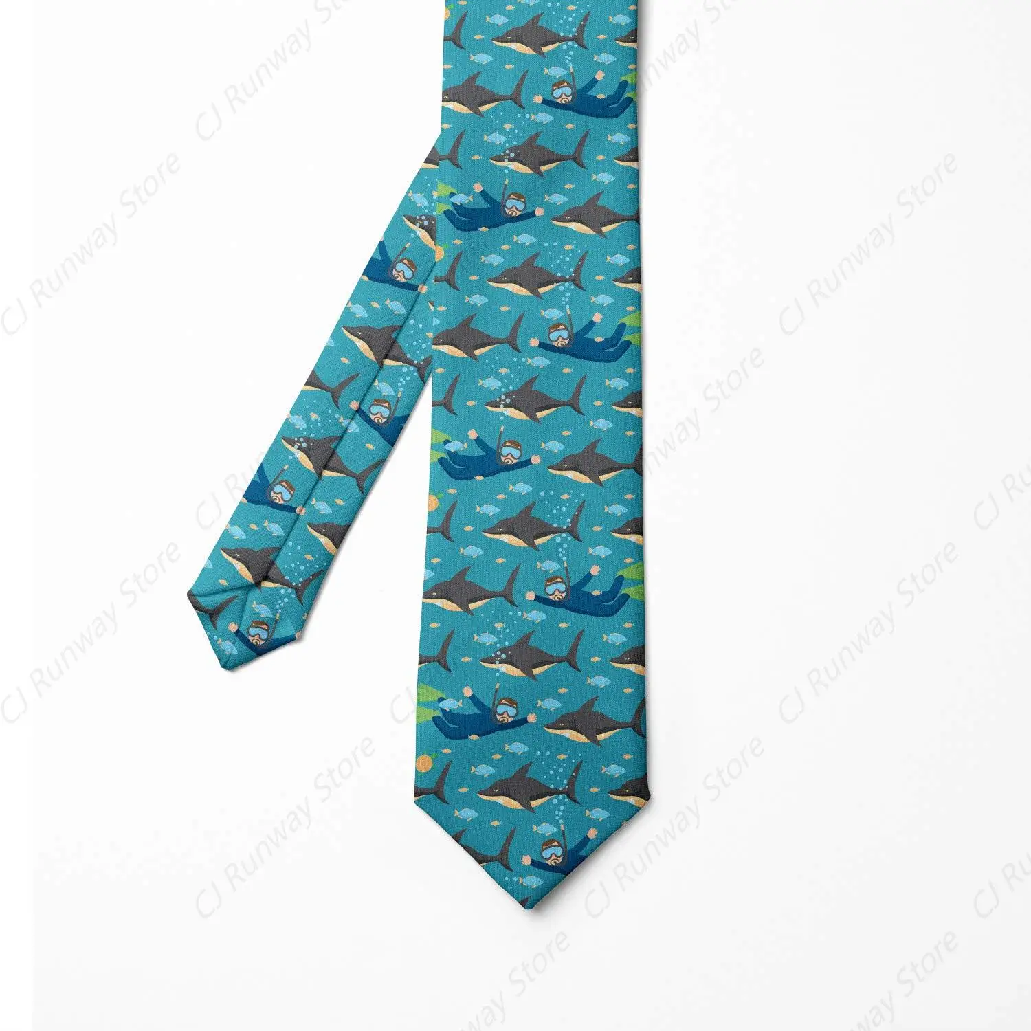 Ocean Necktie Underwater Cartoon of Sharks Fishes and Scuba Diver in Sea Sports Cartoon, 3.7