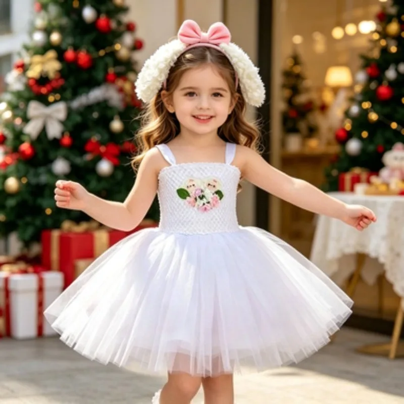 

White lamb dress for girls with ear headband, cute sheep cosplay costume, exquisite fluffy skirt for Christmas party dressing