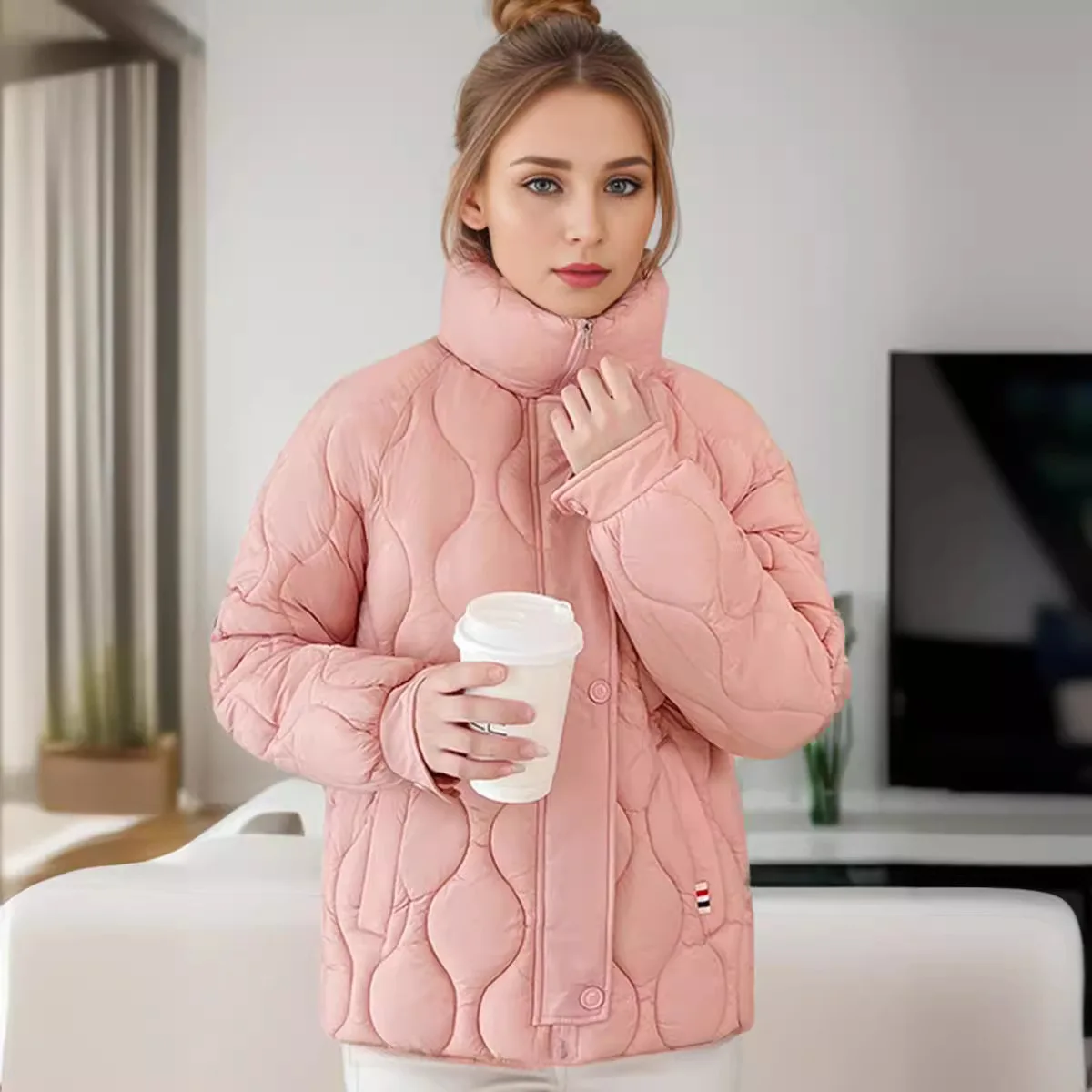 Women's Winter Jacket 2024 Female Stand Collar Pure Color Cotton Jacket Women Pure Color Casual Rhombus Demi-season Jackets