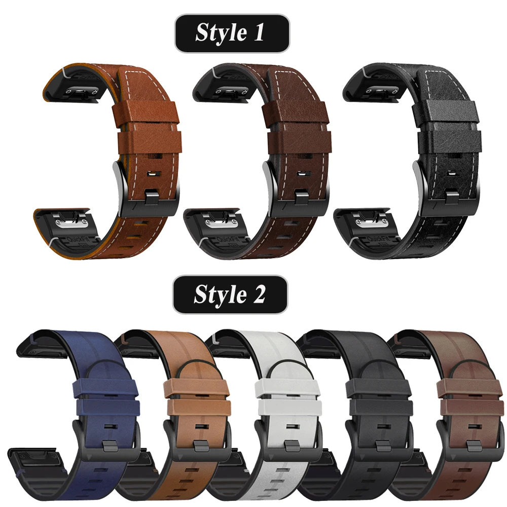 26/22mm Leather Silicone Watchband Strap For Garmin Fenix 6 6X Pro Sapphire GPS 7 7X 5 5X Plus Quick Release Watch Band Bracelet