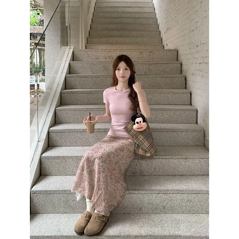 

Women's Floral Mermaid Maxi Skirt T-Shirt Casual Set