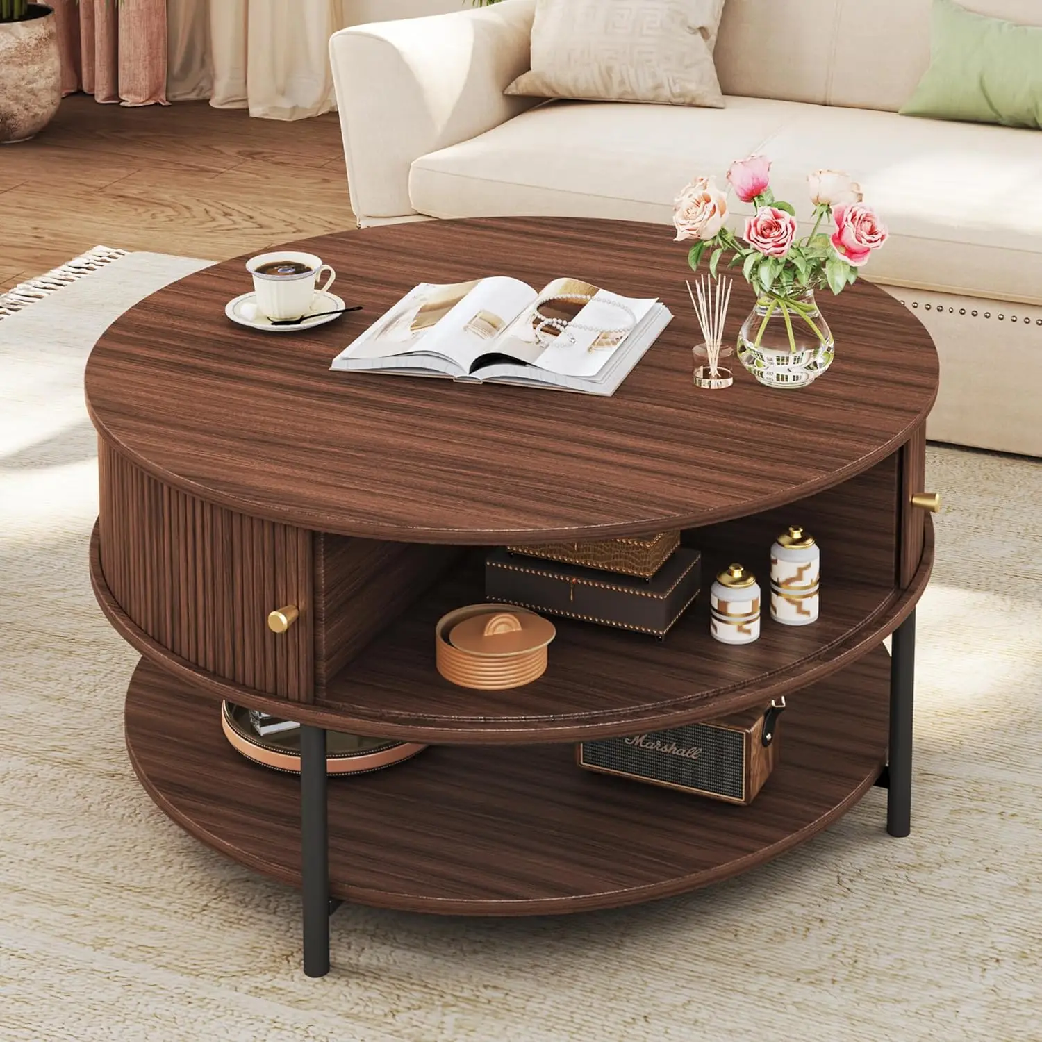 

31.5" Round Coffee with Storage, Mid Century Modern Coffee Table with Sliding Cabinet Door, Round Metal Legs, 3-Tier Small