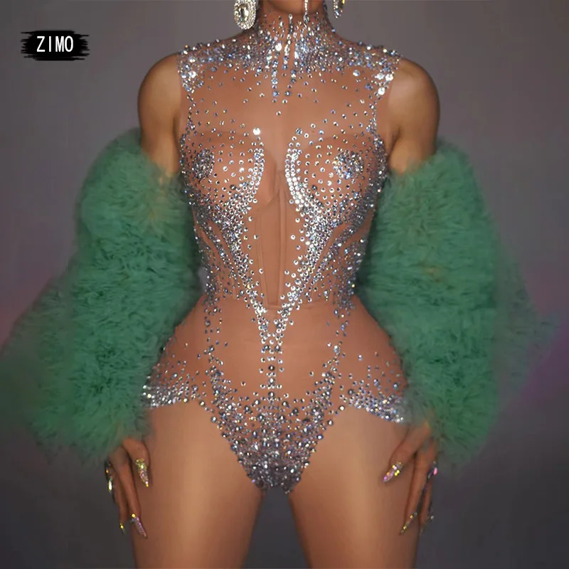 

Sexy Rhinestone Crystal green coat two piece bodysuit Celebrate Party NightClub Performance Stage Outfit