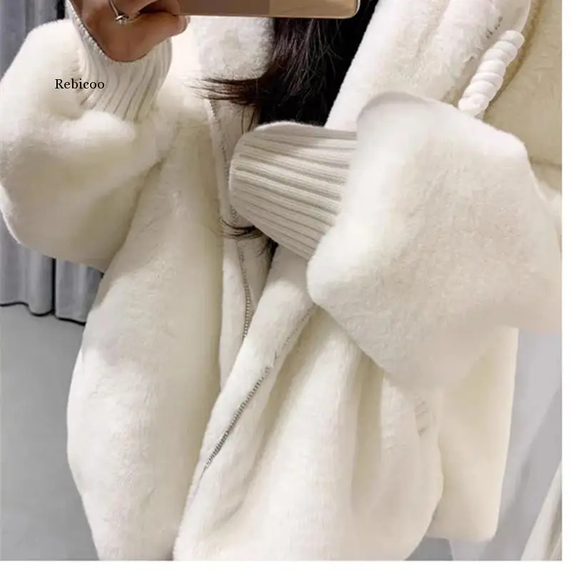 Winter Autumn Loose Hooded Large Size Imitation Rabbit Fur Coat Youth Student White Plush Jacket Cardigan