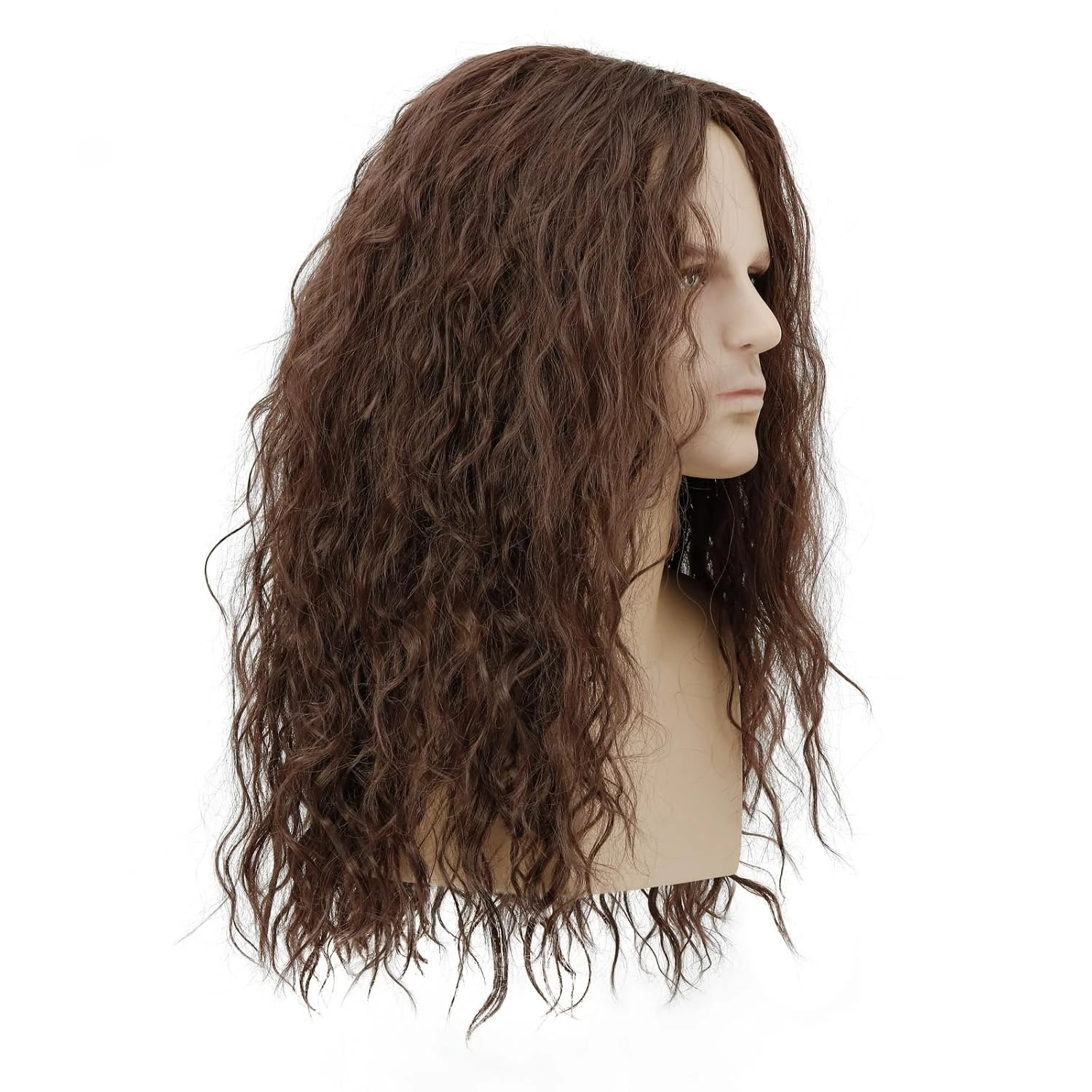 WHIMSICAL W Mens Long Curly Brown Wig 70s 80s Rock Middle Part Synthetic Wig for Cosplay Halloween Party view 2