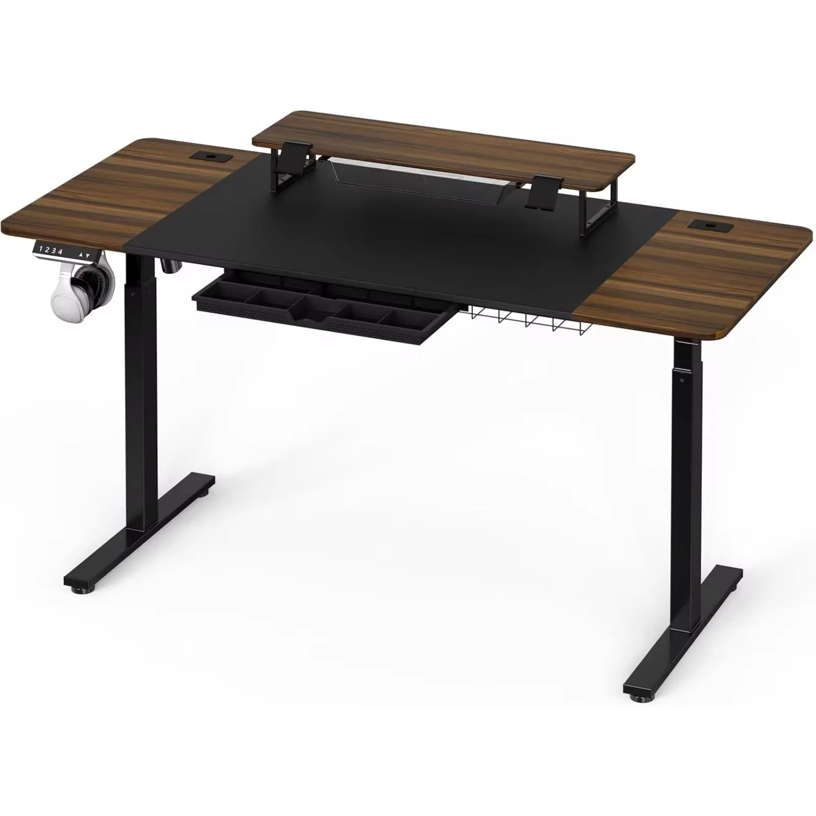 US  62-Inch Extra Large Electric Height Adjustable Standing Desk with Monitor Riser and Drawer, 62 x 28 Inches, Walnut