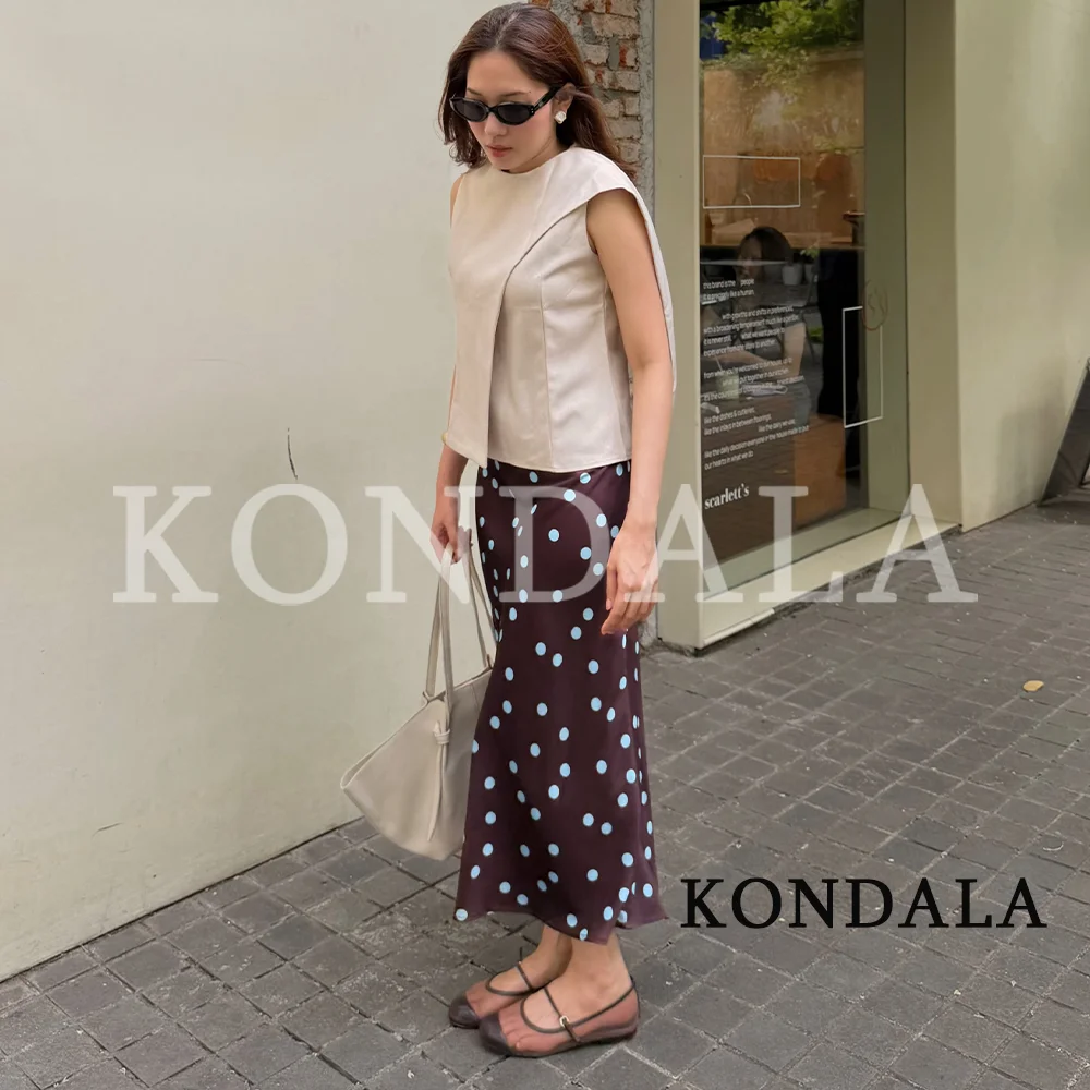 Women Trendy Blue Polka-Dot Satin Midi Skirt KONDALA 2026 Summer Fashion High Street Holiday Skirt Leisure Elastic Waist Skirts