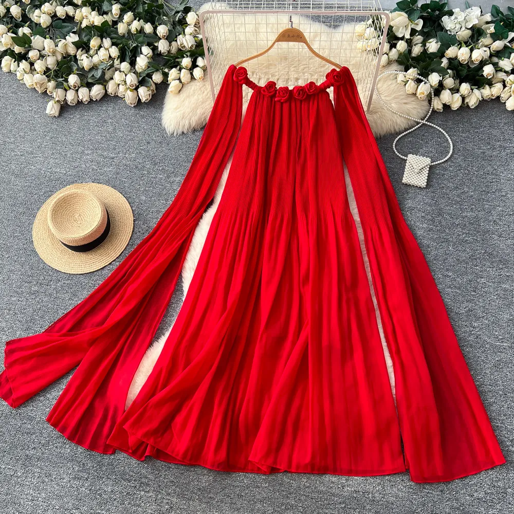 

Women Dresses Pleated Dress Solid 3D Floral Slash Neck Flare Sleeves Ankle Length Slight Strech Loose Fit Casual 2026 Spring
