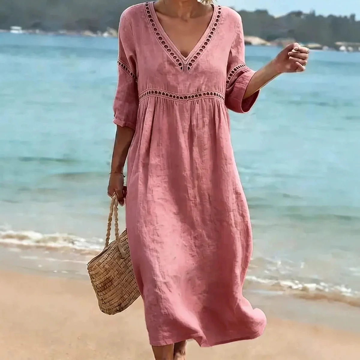 2026 Spring Summer New Elegant Casual Women Solid V Neck Midi Sleeve Midi Dress