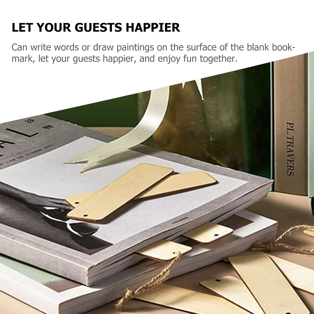 20Pcs Unpainted Wooden Rectangle Bookmarks with Hanging Rope Blank Surface for Craft Projects Blank Bookmarks to Decorate