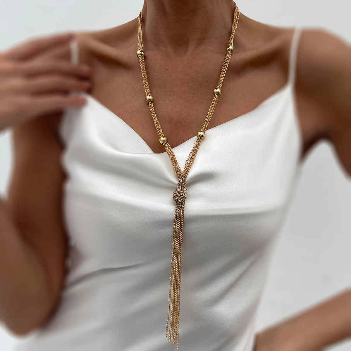 Necklace Y Style Metal Fringe Tassel Long Multi Knot Layered Chain with Sturdy Clasp for Women Chic Office Evening