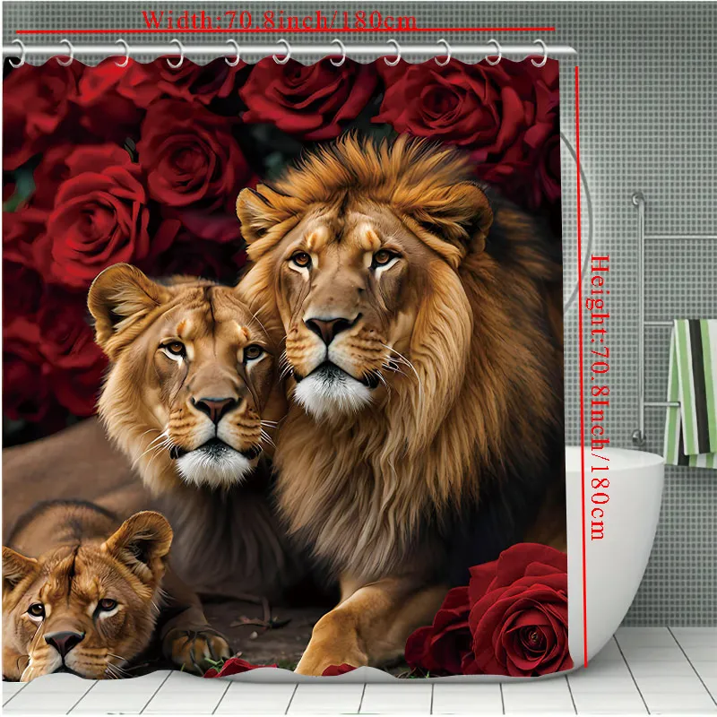 Valentine\'s Day Flower Animal Lion Rose Bathing Curtain  Bathroom Shower Curtain Waterproof With 12 Hooks Home Deco Free Ship