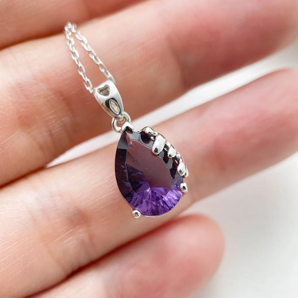 

Grace 925 Sterling Silver Amethyst Purple CZ Stone Teardrop Charm Pendant Necklace Women Girl Jewelry Pendentif Pendulo Pingente