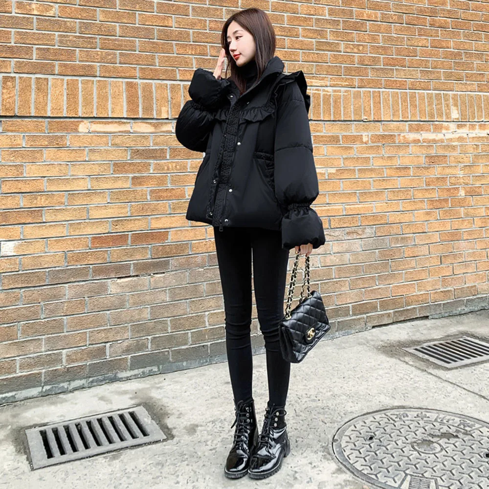 Fashion Ruffle Stand Collar Parkas Black Trumpet Sleeve Women Winter Jackets Elegant Ladies Cotton Outwear Coat Female Overcoat