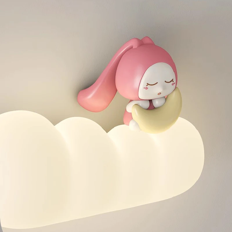 Pink Rabbit Lamp On White Clouds Cute Girl Bedroom Bedside Wall Lamps Modern Cartoon Children\'s Room Princess Room Wall Lights