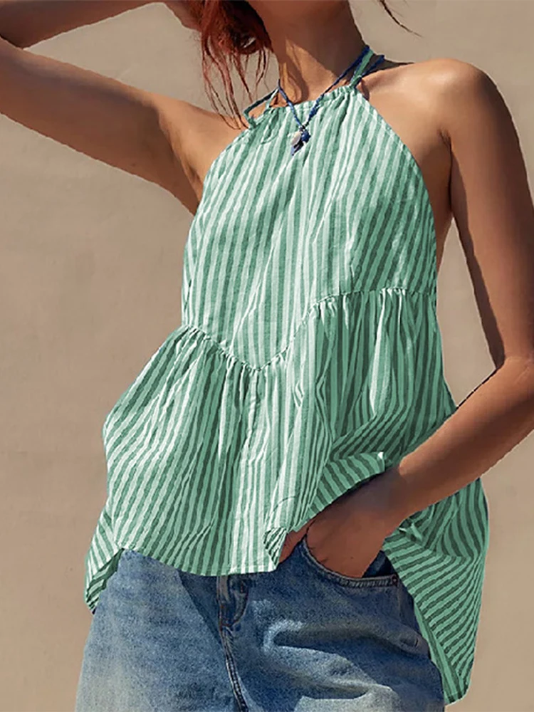 Sexy Stripe Halter Vest Women 2024 Summer Sexy Lace Up Backless Sleeveless Female Shirt Casual Loose All-match Holiday Beachwear