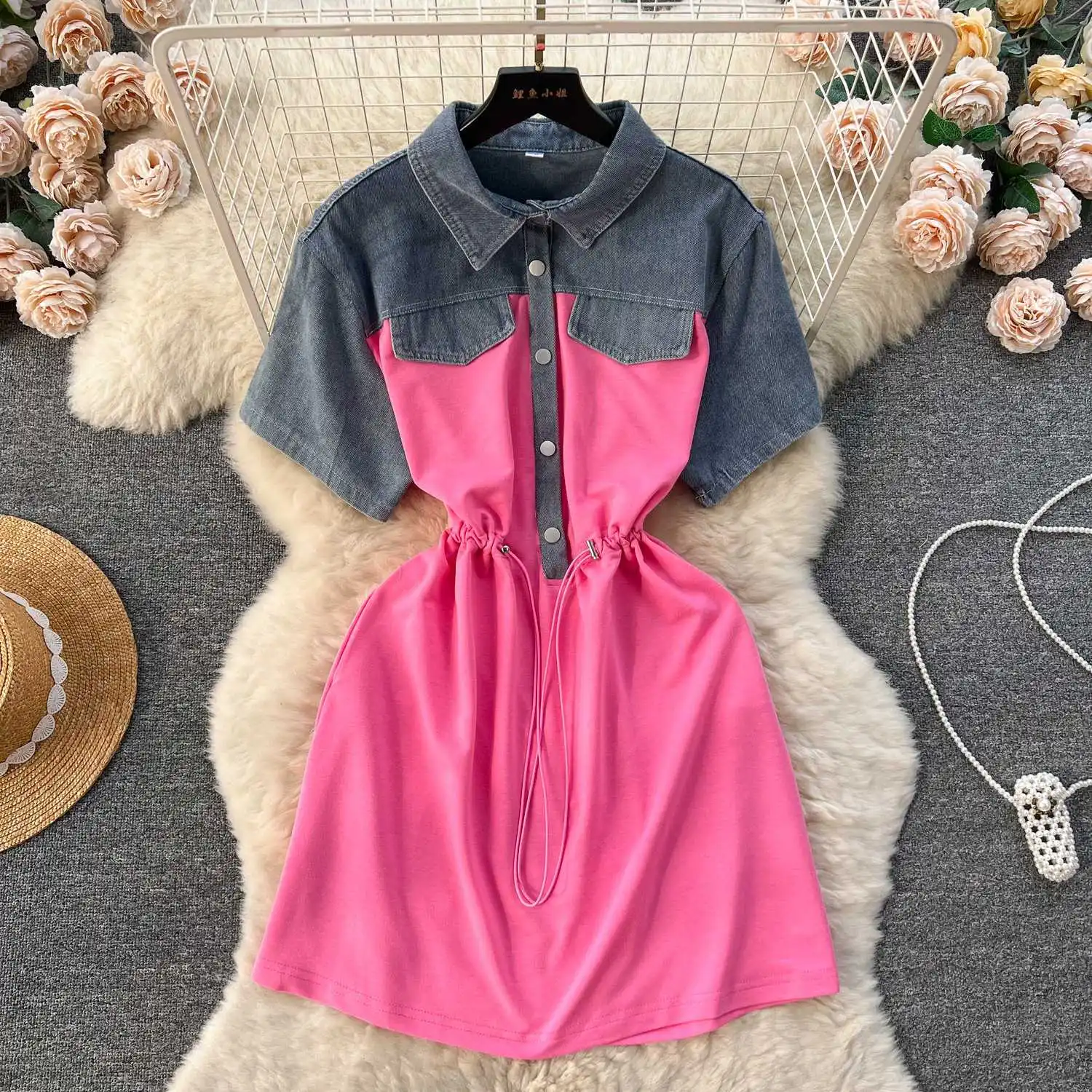 Chic mujeres falso dos piezas Denim empalmado camisetas Patchwork Jeans camisetas de manga corta con cordón en la cintura vestido corto acampanado Vestidos