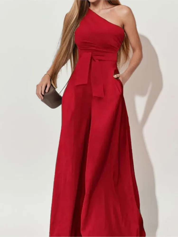 

Jumpsuit Women's Slant Collar Single Side Tie Strapless High Waist Pocket Wide Leg Casual Jumpsuits Office Commuting Rompers