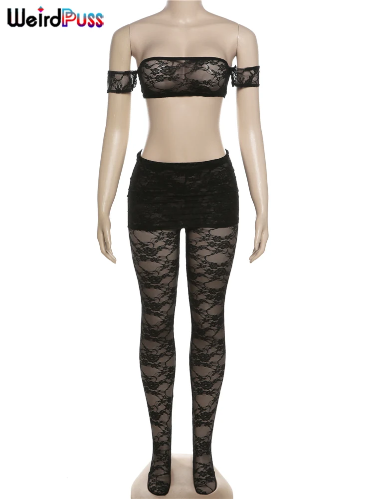 Weird Puss Sexy Women 2 Piece Set Mesh Midnight Hipster One Shoulder Crop Tops+Fake Skirt Leggings Sexy Summer Matching Clubwear