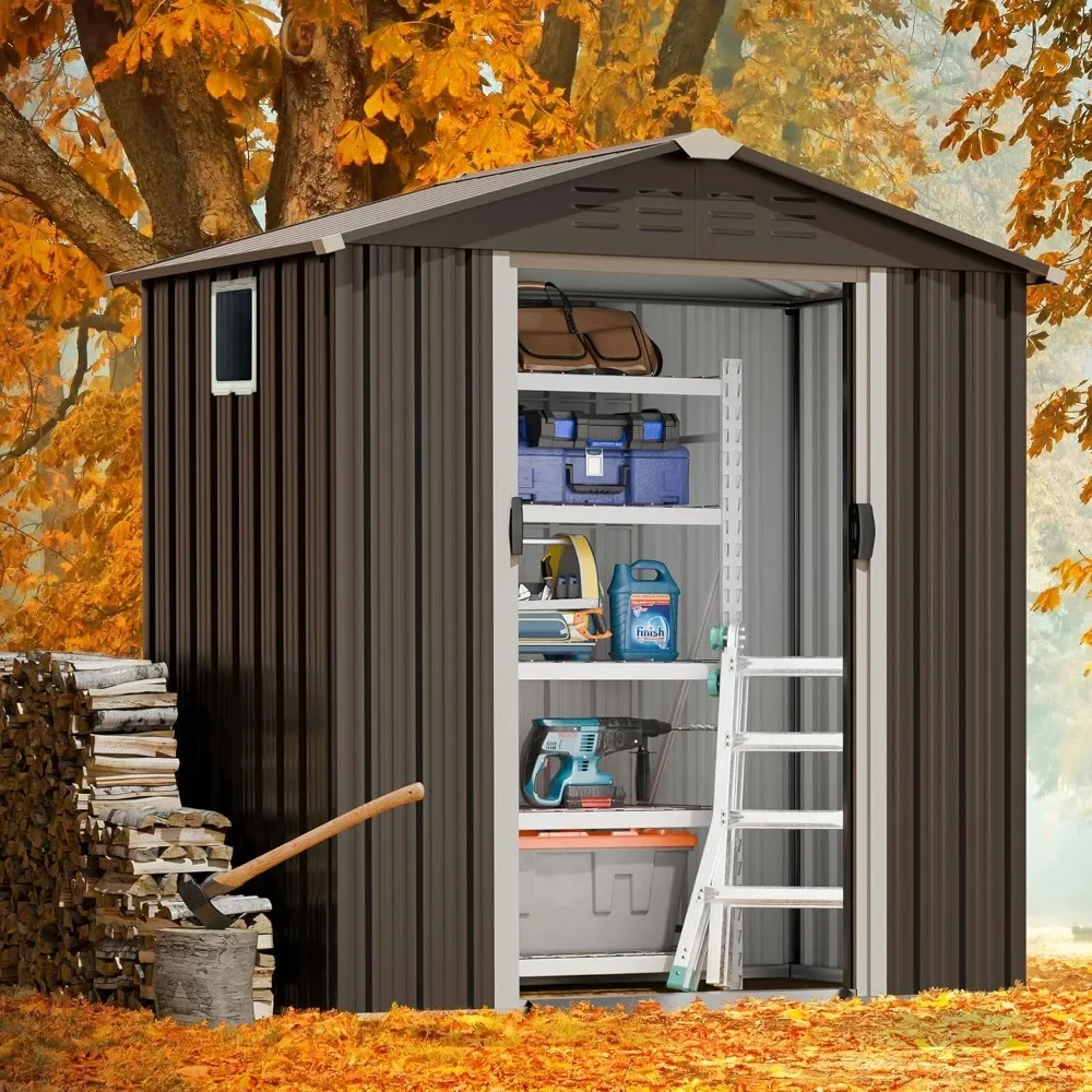 

6x4 FT outdoor garden storage shed, waterproof metal garden shed, with lockable double doors, gray