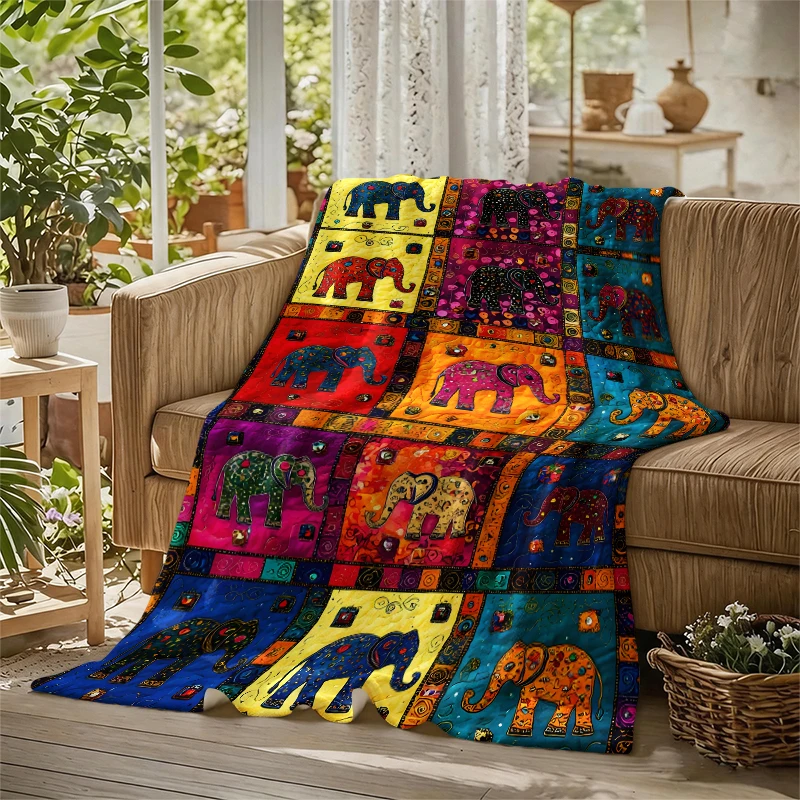 Colorful Elephants Grid Ultra-Soft Fluffy Flannel Blanket Super Cozy Lightweight Bed Blanket for Halloween Sofa Bed Christmas