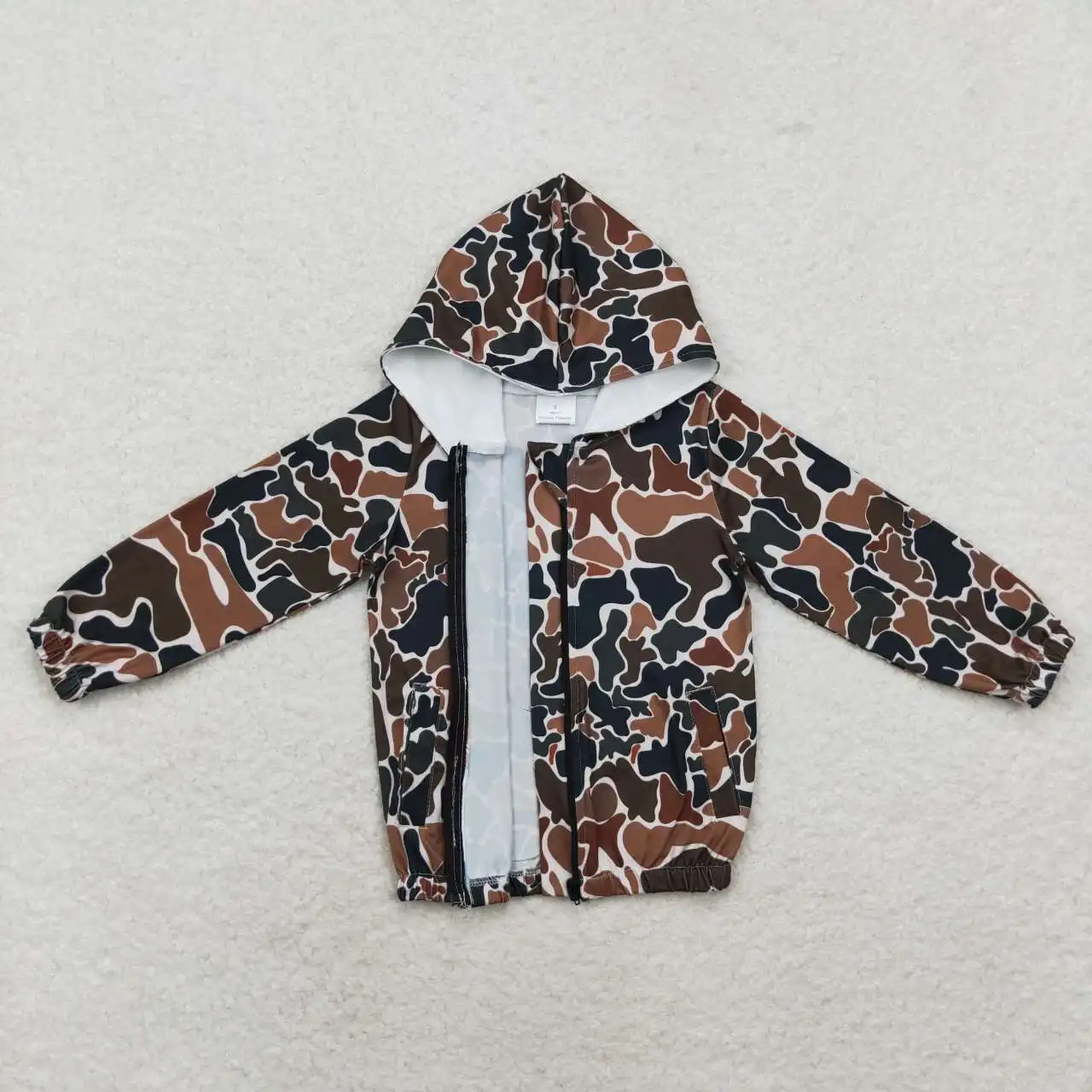 Seta del latte RTS neonati maschi bambino manica lunga Zip bambini autunno marrone Camo tasche Boutique all'ingrosso bambini Tee vestiti con cappuccio top