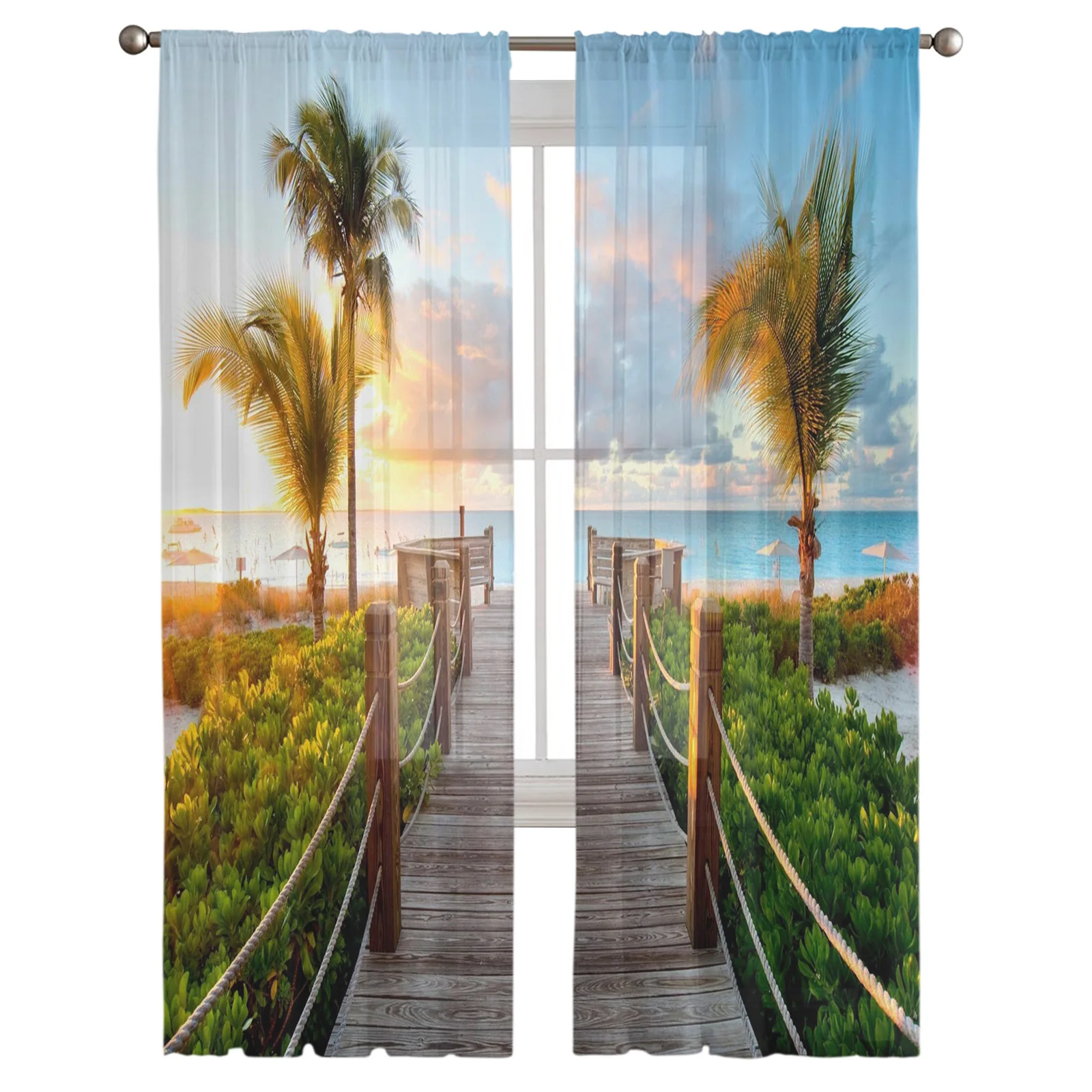 Sunlight Beach Single Tree Bridge Coconut Tree Sheer Curtains for Living Room Modern Bedroom Voile Tulle Curtain Window Drapes