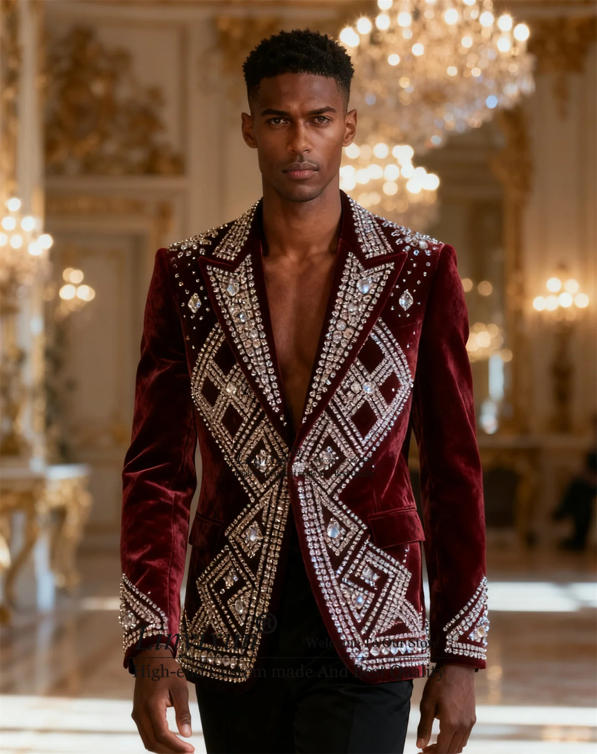 

Fashion Velvet Men Suits 2 Pieces Sets Groom Blazers Customized Wedding Stunning Stone Rhinestones Party trajes para hombre