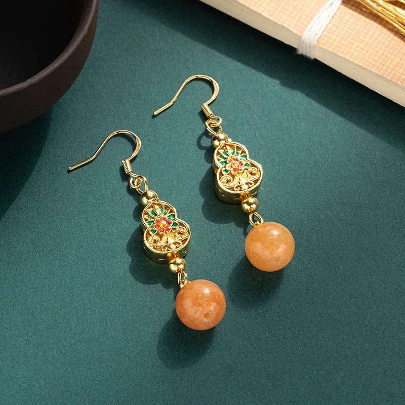 

Chinese Style Vintage Enamel Craftsmanship Copper Alloy Gourd Yellow Beads Earrings for Women Ethnic Jewelry Mother's Day Gift