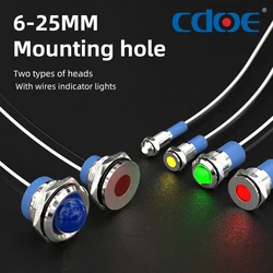 6-22MM LED Indicator Light, AC/DC 24V Waterproof IP67 Nickel-Plated Brass Signal Lamp, Metal Indicator with 150mm Wire
