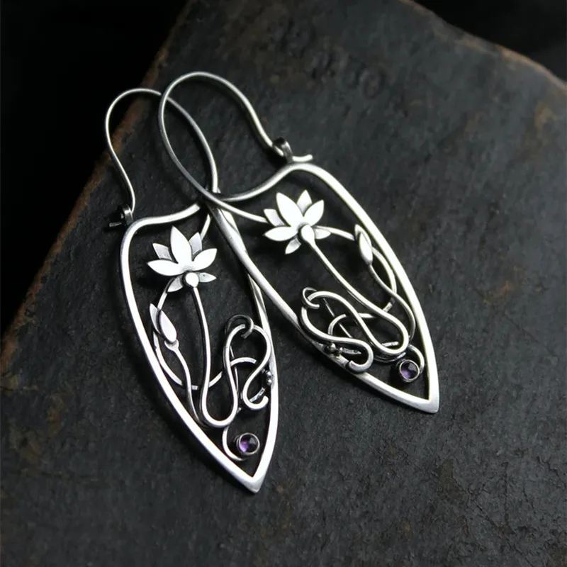 New Lotus Silver Color Earrings Elf Jewelry Fashion Floral Design Ladies Pendant Earrings Gift