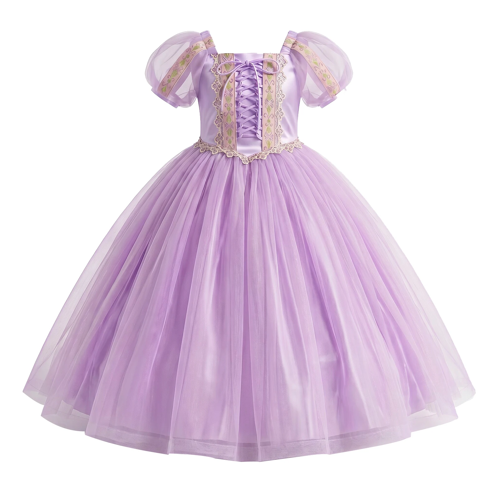 Girls Rapunzel Princess Tulle Dress Short Sleeve Lace-up Bodice Layered Fluffy Tulle Ball Gown For Halloween Birthday Party