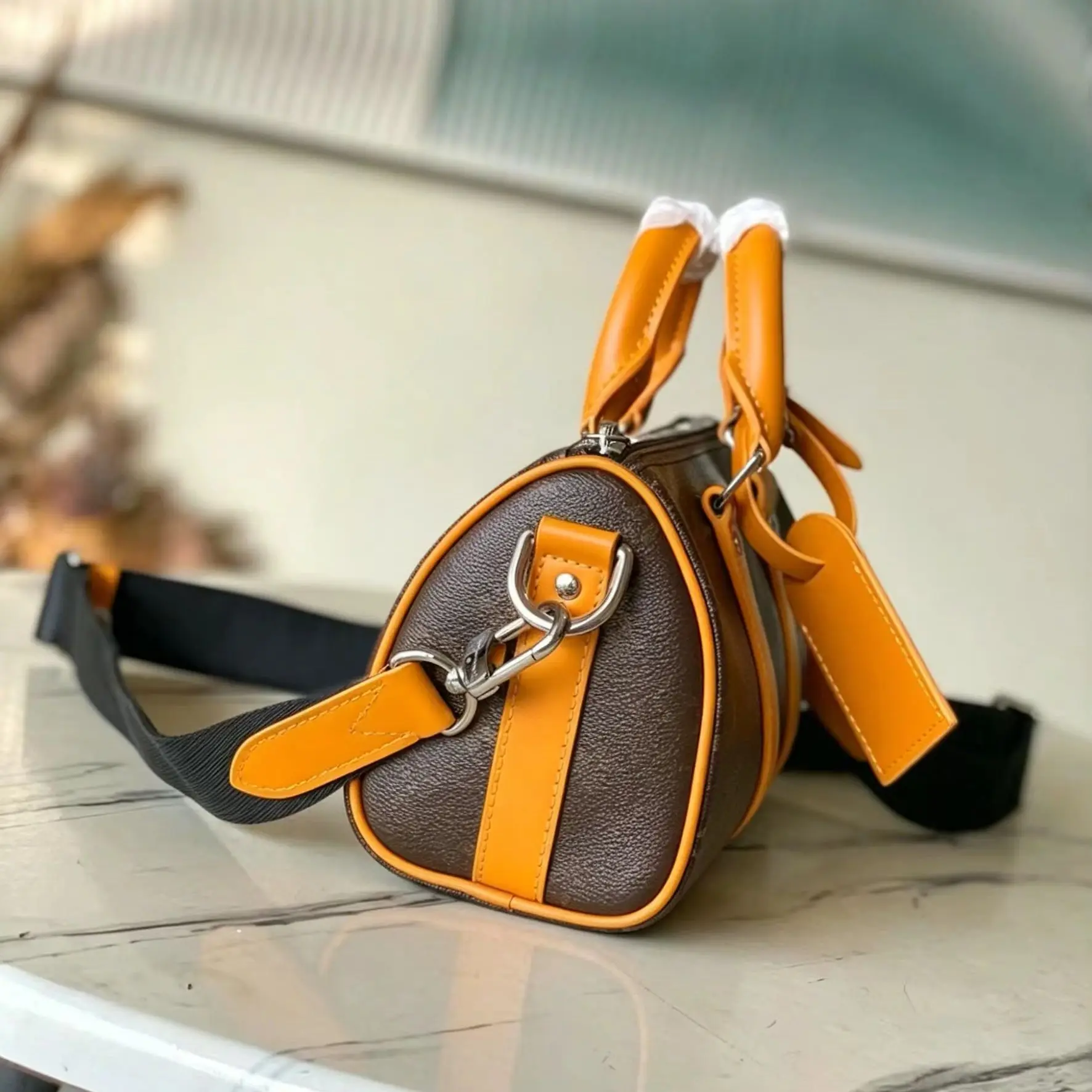 Brown Printed Mini Boston Bag, Luxury Multi-Way Crossbody Handbag