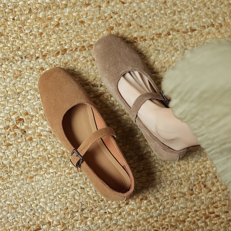 2026 new spring summer women pumps natural leather plus size 22-26.5cm cow suede+pigskin square toe low hee buckle women shoes