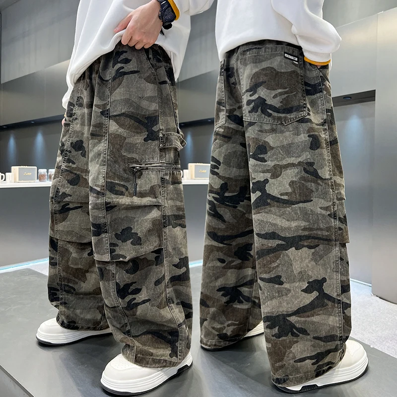 

Kids Luxury Heavy Cotton Camouflage Cargo Pants for Boys Casual Loose Straight Military Tactical Trousers Children Trackpants