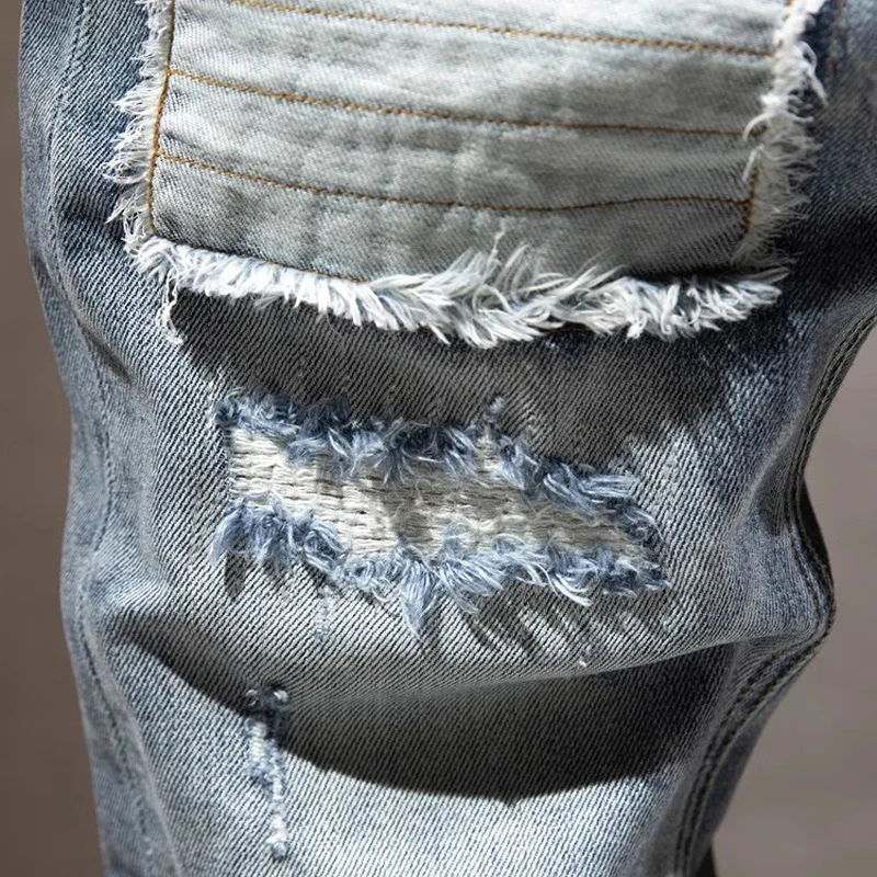 Street Designer Fashion Men Jeans Retro Blue Stretch Slim Fit Embroidery Patched Ripped Jeans Men Hip Hop Vintage Denim Pants
