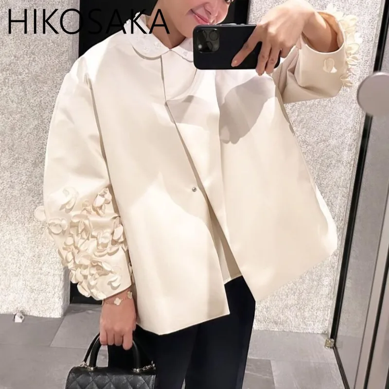 Japanese Sweet Peter Pan Collar Blouse Shirts Pleated Embroidery Floral Long Sleeve Top 2024 Spring New Solid Chic Blusas Mujer