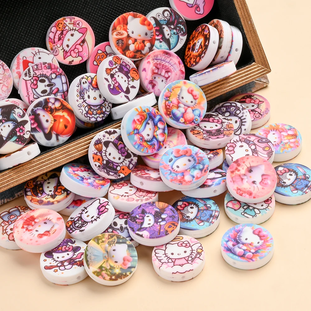 

10 шт. силиконовые бусины с принтом Sanrio KT Cat, случайный смешивающий узор, бусины-прорезыватели для DIY, зажимы-цепочки для соски, держатель для пустышки