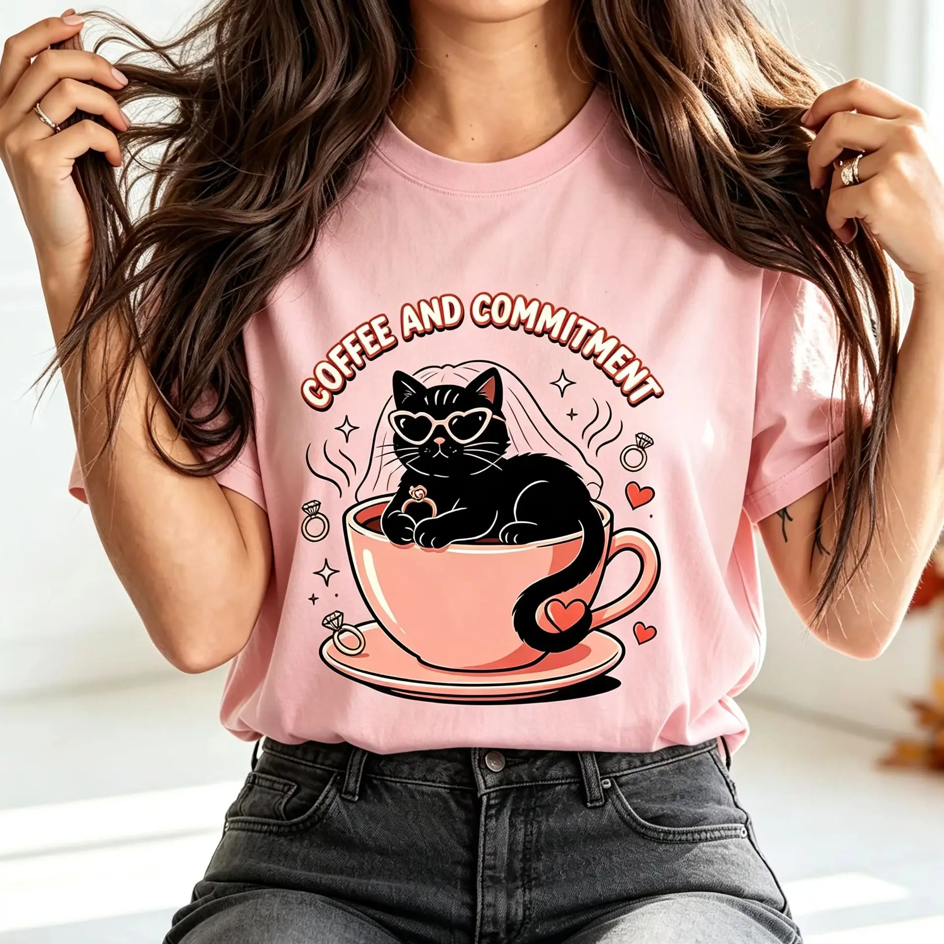 Coffee And Commitment Bride Cat Graphic T-Shirt Cute Black Cat In Pink Cup Wedding Bachelorette Short Sleeve Tee