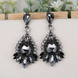 Luxury Evening Jewelry Gothic Long Black Gray Statement Chandelier Crystal Rhinestone Dangle Drop Earrings for Women Gift