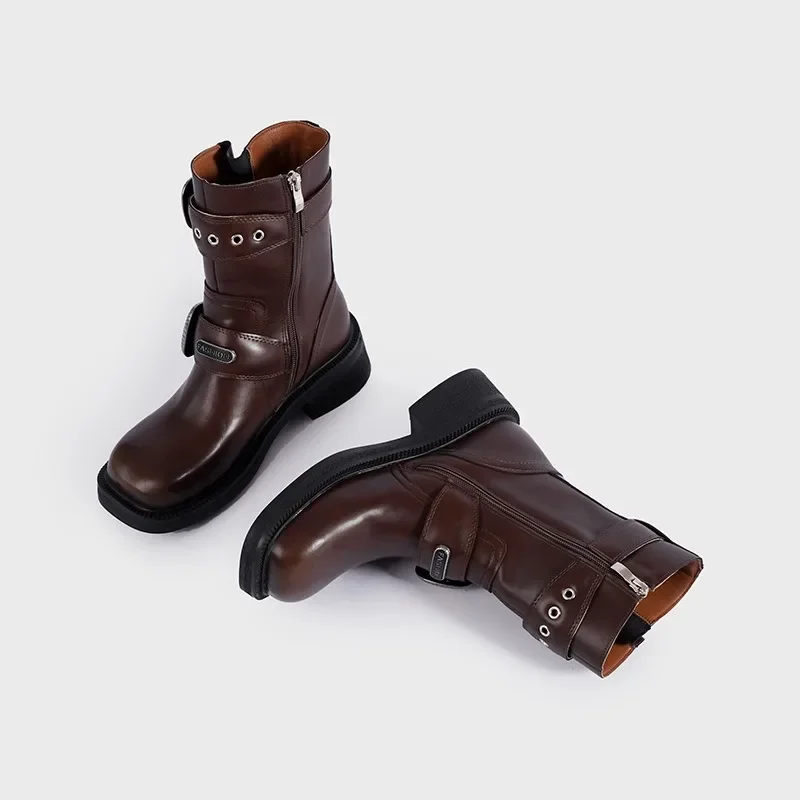 

Autumn and Winter Fashion Motorcycle Boots Women's Coarse Heel Short Boots Square Head Belt Buckle Side Zipper Knight Boots