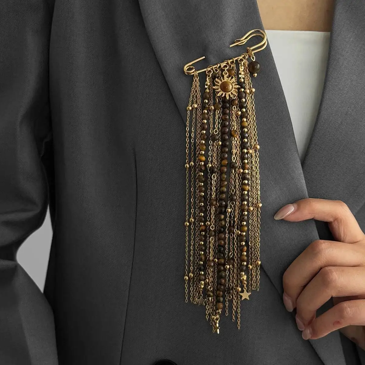 KunJoe Exaggerated Long Tassel Chain Rice Bead for Women Brooch Handmade Bead Multi-layer Chain Fixed Needle Clothing Decoration
