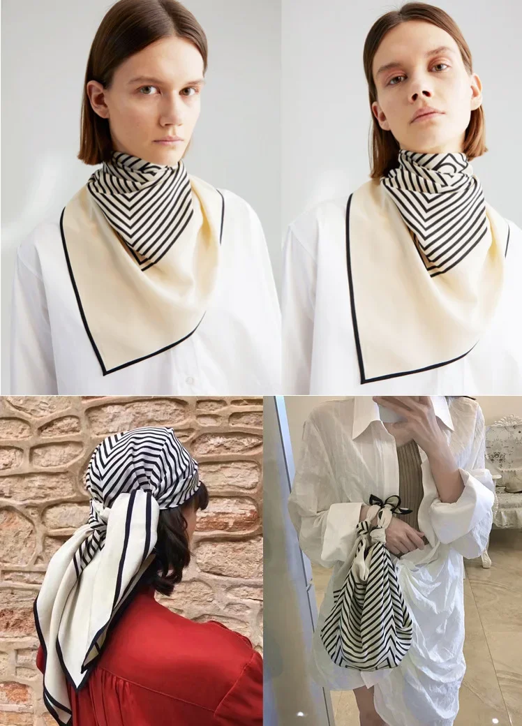 New 90 Square Scarf Handmade Curling Geometric Striped Temperament Women's Professional Square Silk Sunscreen Shawl Headscarf