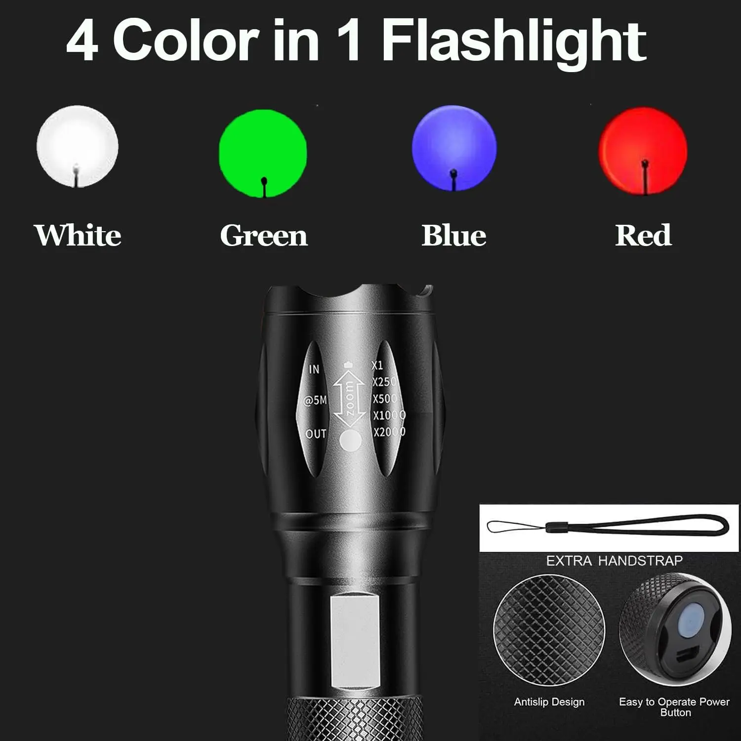 Imagem -03 - Lanterna Led Multicolor Recarregável Cores em Branco Vermelho Azul Verde Luz Azul Modos Zoomable Torch