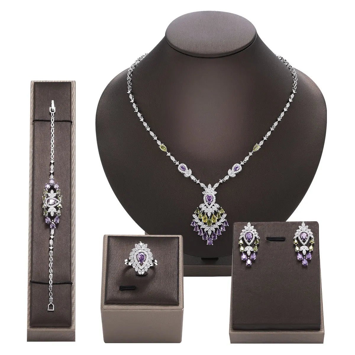Charm Luxury AAA Cubic Zirconia Pendant Necklace Earrings Braclet Ring Sets for Women Bridal Wedding Party Fashion Jewelry Gifts